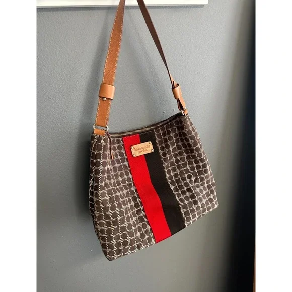 Kate Spade Classic Noel Serena Shoulder Bag Black Red Stripe Brown Leather Purse - Picture 3 of 10